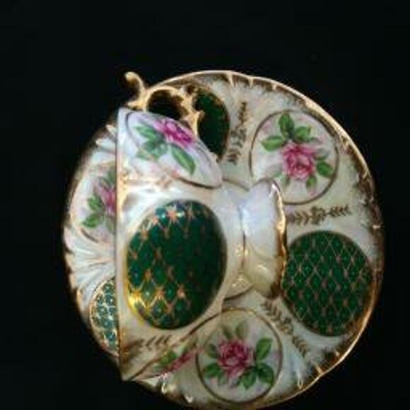 Vintage Japan Lustre Ware Pedestal Cup n Saucer Pink Rose Green Panels Gold Trim - Picture 11 of 16